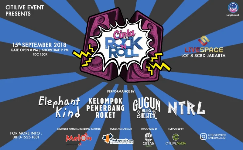 Poster Cinta Rock & Roll bersama Gugun Blues Shelter, Kelompok Penerbang Roket, NTRL & Elephant Kind