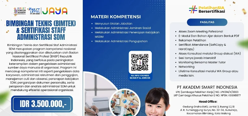 Poster Pelatihan & Sertifikasi BNSP Staf Administrasi SDM (Human Resources Admin)