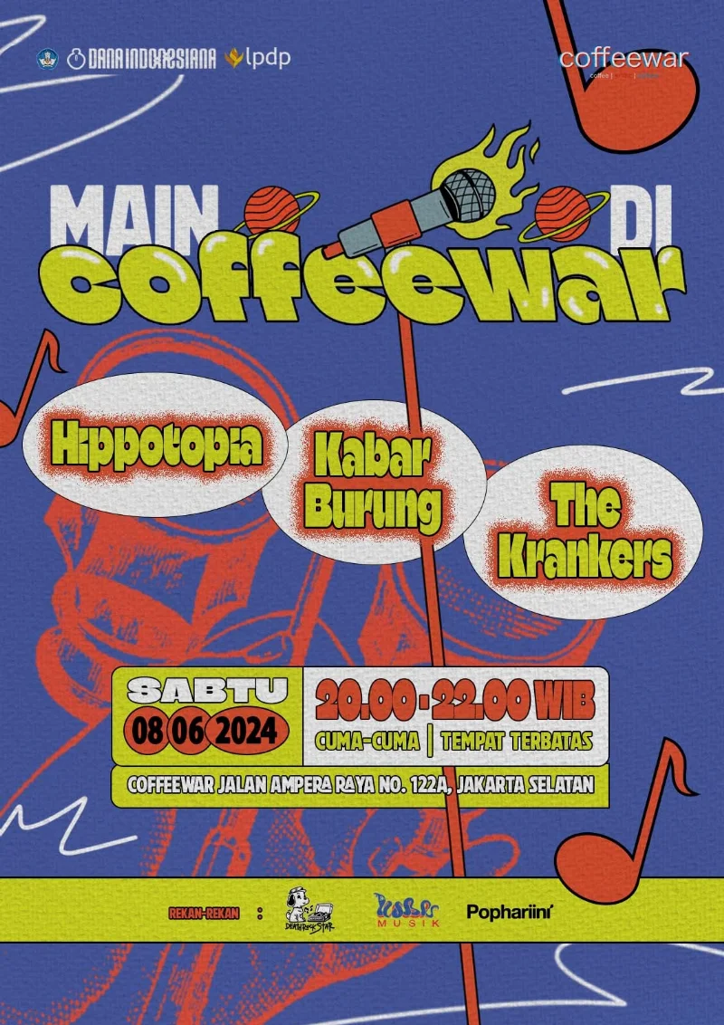 Poster Main Di Coffewar bersama Hippotopia, Kabar Burung, dan The Krankers - Pophariini