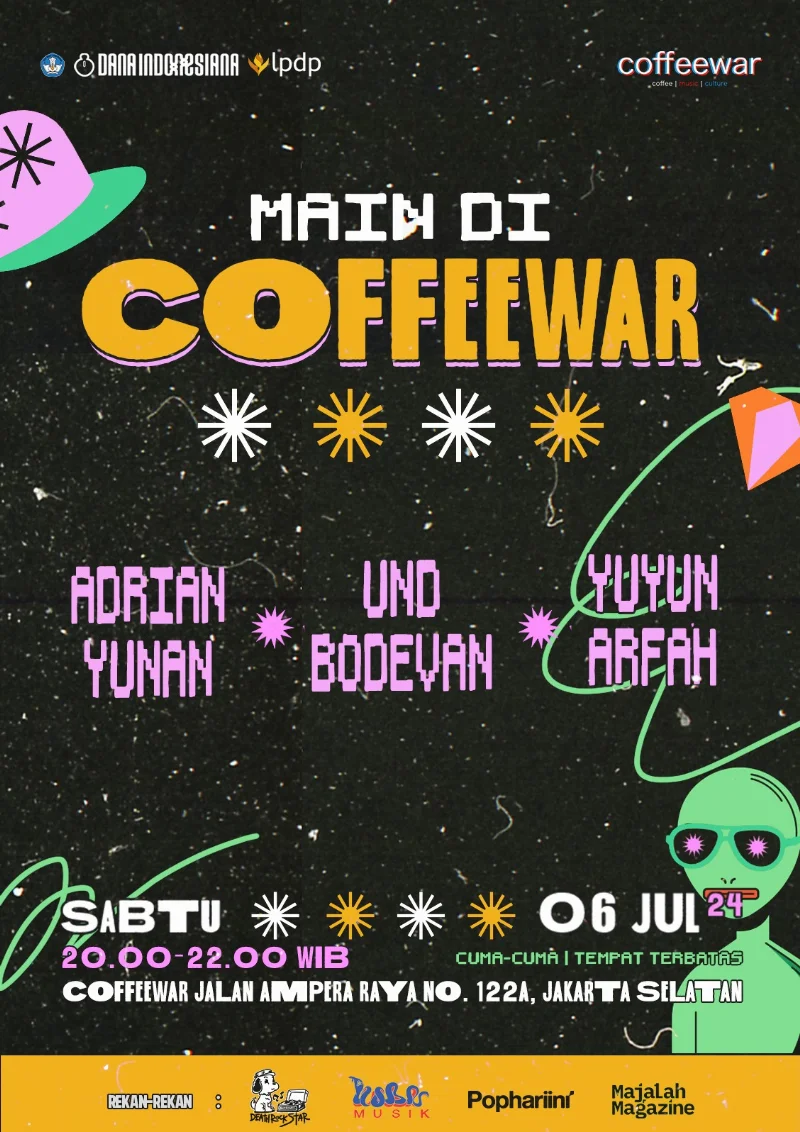 Poster Main Di Coffewar bersama Adrian Yunan, Und Bodevan, dan Yuyun Arfah
